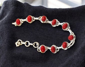Handmade Sterling Silver Red Coral Bracelet: Birthstone Charm