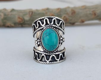Handmade Turquoise Sterling Silver Wide Band Ring: Bohemian Jewelry