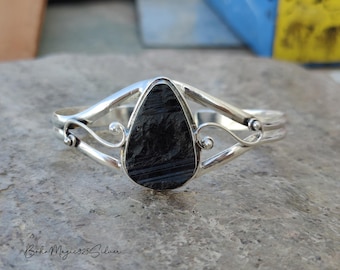 Raw Black Tourmaline Bangle: Handmade 925 Sterling Silver Boho Bracelet
