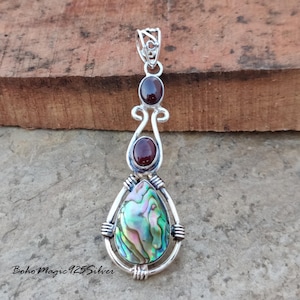 Multicolor Abalone Shell Pendant, Silver Gift Pendant, Garnet Necklace, Abalone Shell Gemstone Necklace, Natural Abalone Shell Jewelry