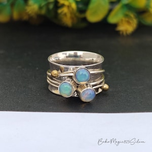 Ethiopian Opal Ring.. Spinner Ring.. Sterling Silver Wide Ring.. Opal Spinner Jewelry.. Triple Tone Spin Ring.. Worry Fidget Meditation Ring