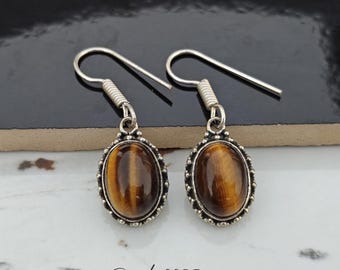 Handmade Tiger's Eye Dangle Earrings: 925 Sterling Silver Jewelry