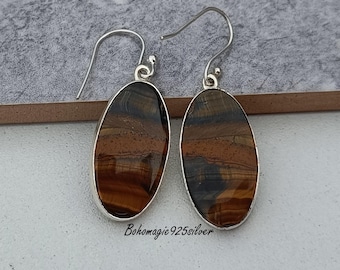 Handmade Tiger's Eye Dangle Earrings: 925 Sterling Silver Jewelry