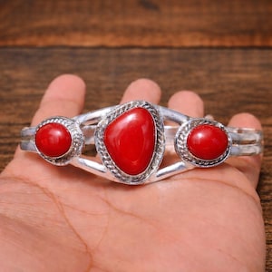 Handmade Kingman Turquoise Bangle: 925 Sterling Silver Boho Statement Jewelry Red Coral