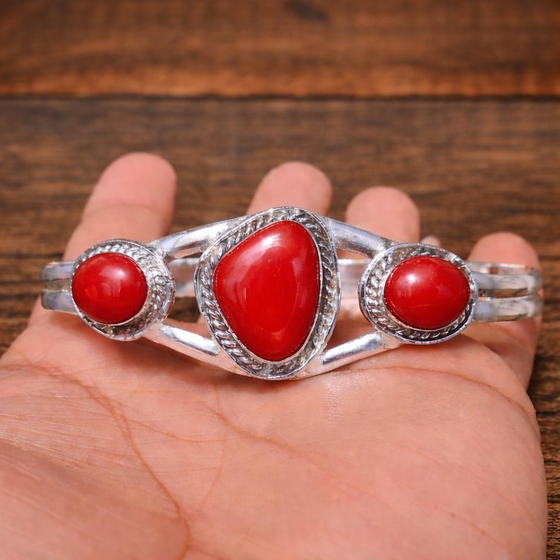Handmade Kingman Turquoise Bangle: 925 Sterling Silver Boho Statement Jewelry Red Coral