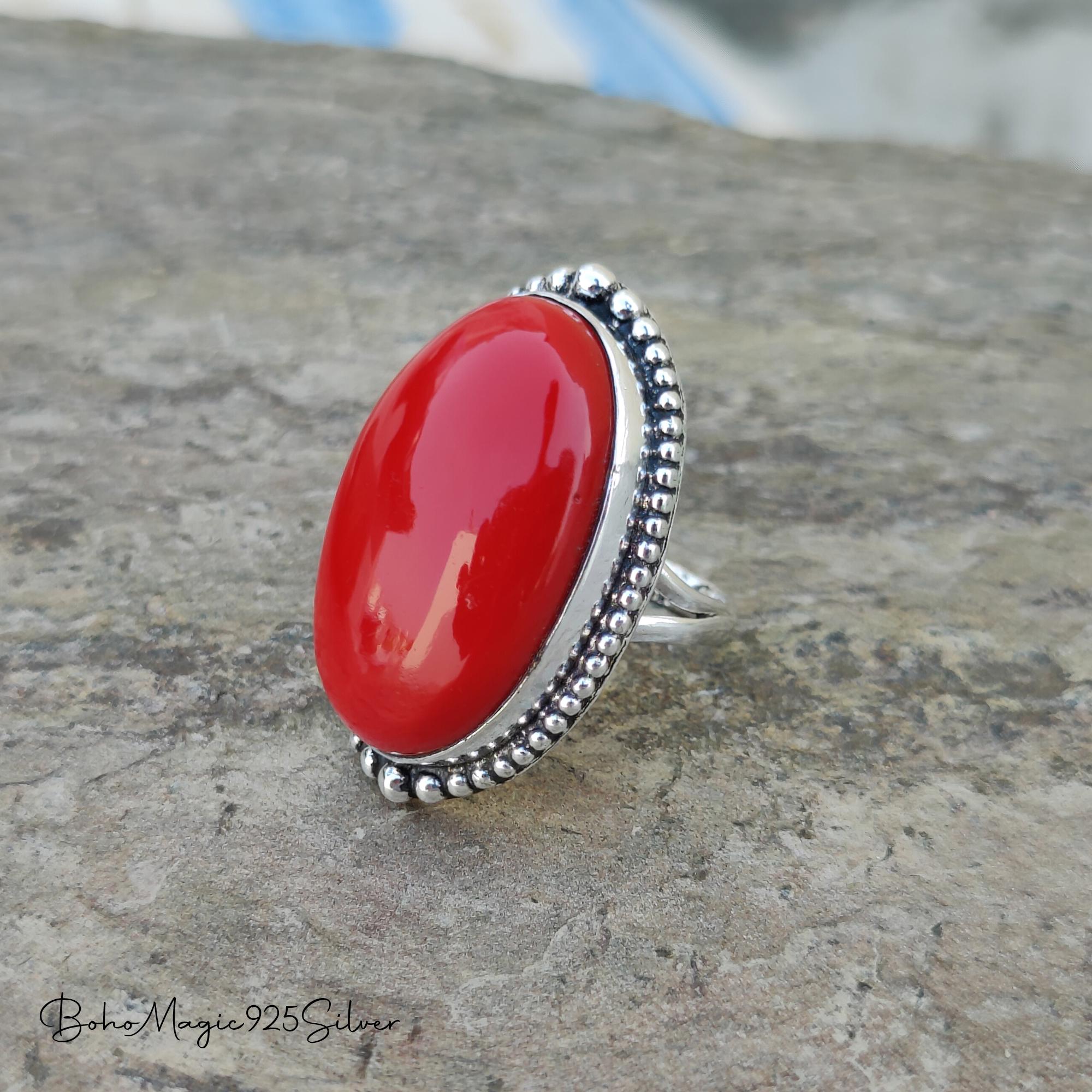 coral ring silver 925 コーラルリング Handmade Red Coral Sterling Silver Ring: Statement Jewelry - Etsy