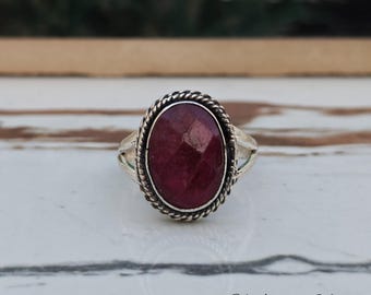 Handmade Oval Red Ruby Ring: Sterling Silver Boho Band