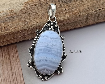 Handmade Blue Lace Agate 925 Sterling Silver Pendant