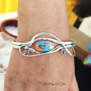 Oyster Copper Turquoise Bangle. 925 Silver Bangle. Adjustable Cuff Bangle Bracelet. Spiny Oyster Gemstone Bangle. Handmade Bangle Gift..