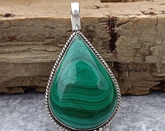 Handmade Pear Malachite Pendant: 925 Sterling Silver Necklace