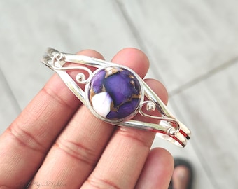 Kingman Purple Dahlia Turquoise Bangle / 925 Silver Handcrafted Jewelry / Round Gemstone Cuff Bracelet