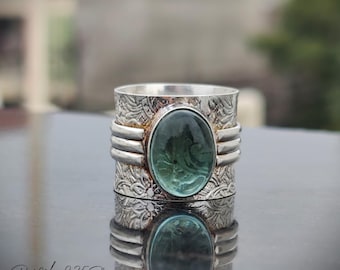 Handmade Aquamarine 925 Sterling Silver Ring: Wide Band Boho Ring