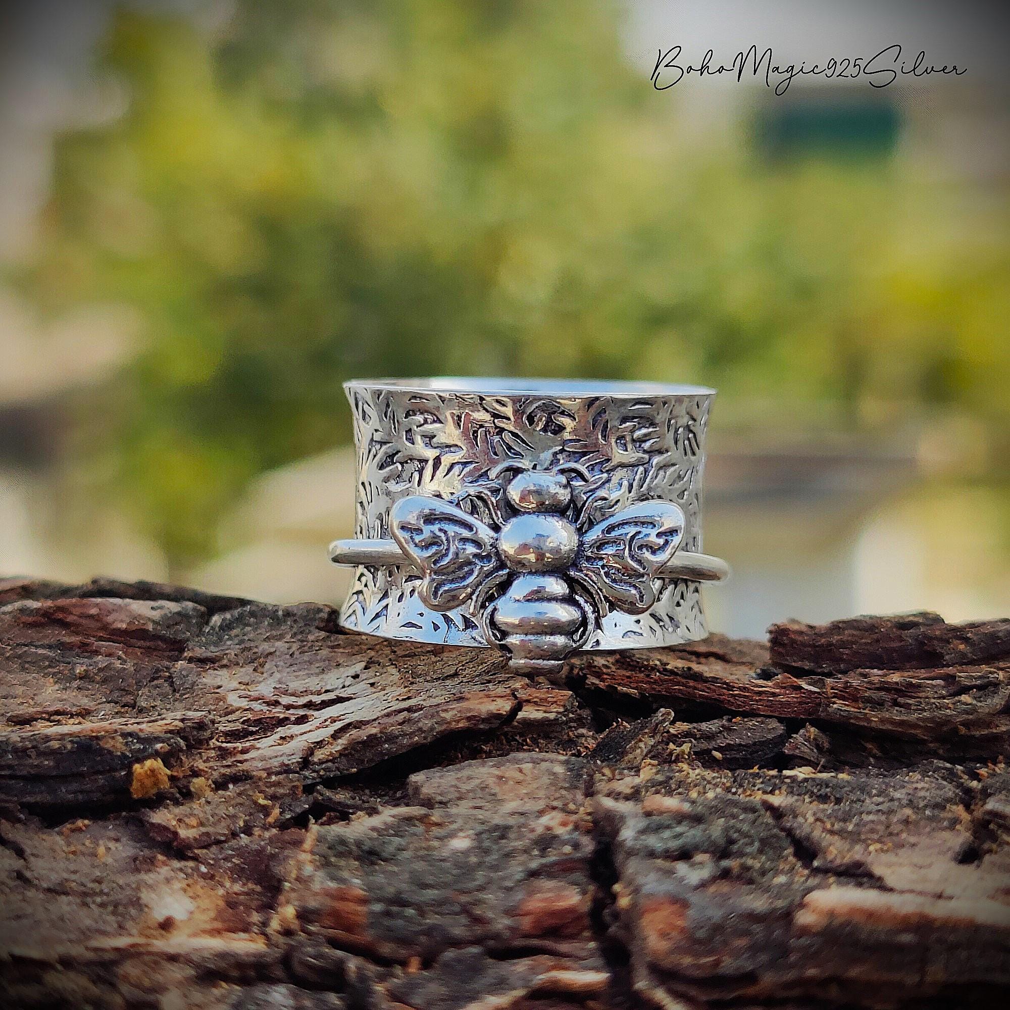 Handmade Honey Bee Spinner Ring: 925 Sterling Silver Fidget Band