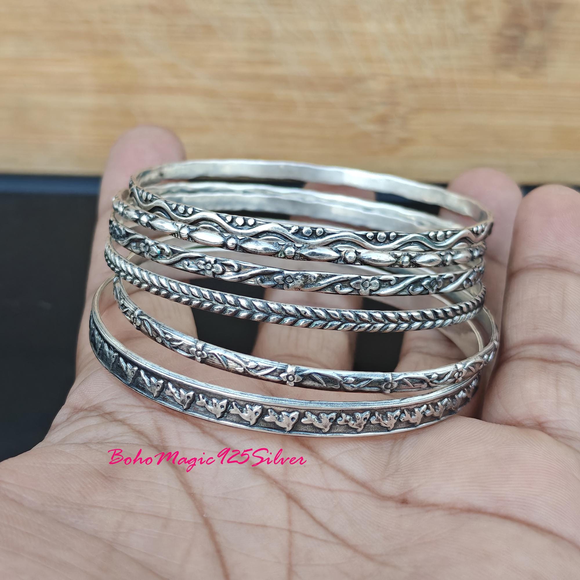Handmade Sterling Silver Bangle Set: Etched Boho Stacking