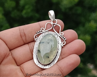 Handmade Prehnite Pendant: 925 Sterling Silver Necklace