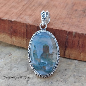 Natural Moss Agate Silver Pendant Necklace | Oval Gemstone Jewelry | Elegant and Unique Gift Pendant |  Boho Pendant, Designer Gift Pendant