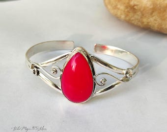 Pink Agate Sterling Silver Bangle, Statement Gemstone Bracelet, Handmade Cuff Jewelry