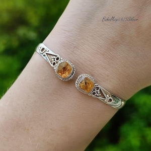 Pulsera de aguamarina cruda en plata de ley 925 - Pulsera de piedras preciosas hecha a mano Citrino