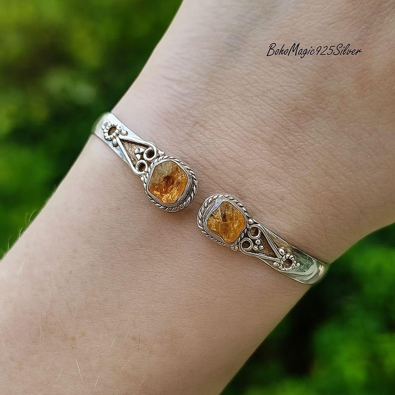 Pulsera de aguamarina cruda en plata de ley 925 - Pulsera de piedras preciosas hecha a mano Citrino