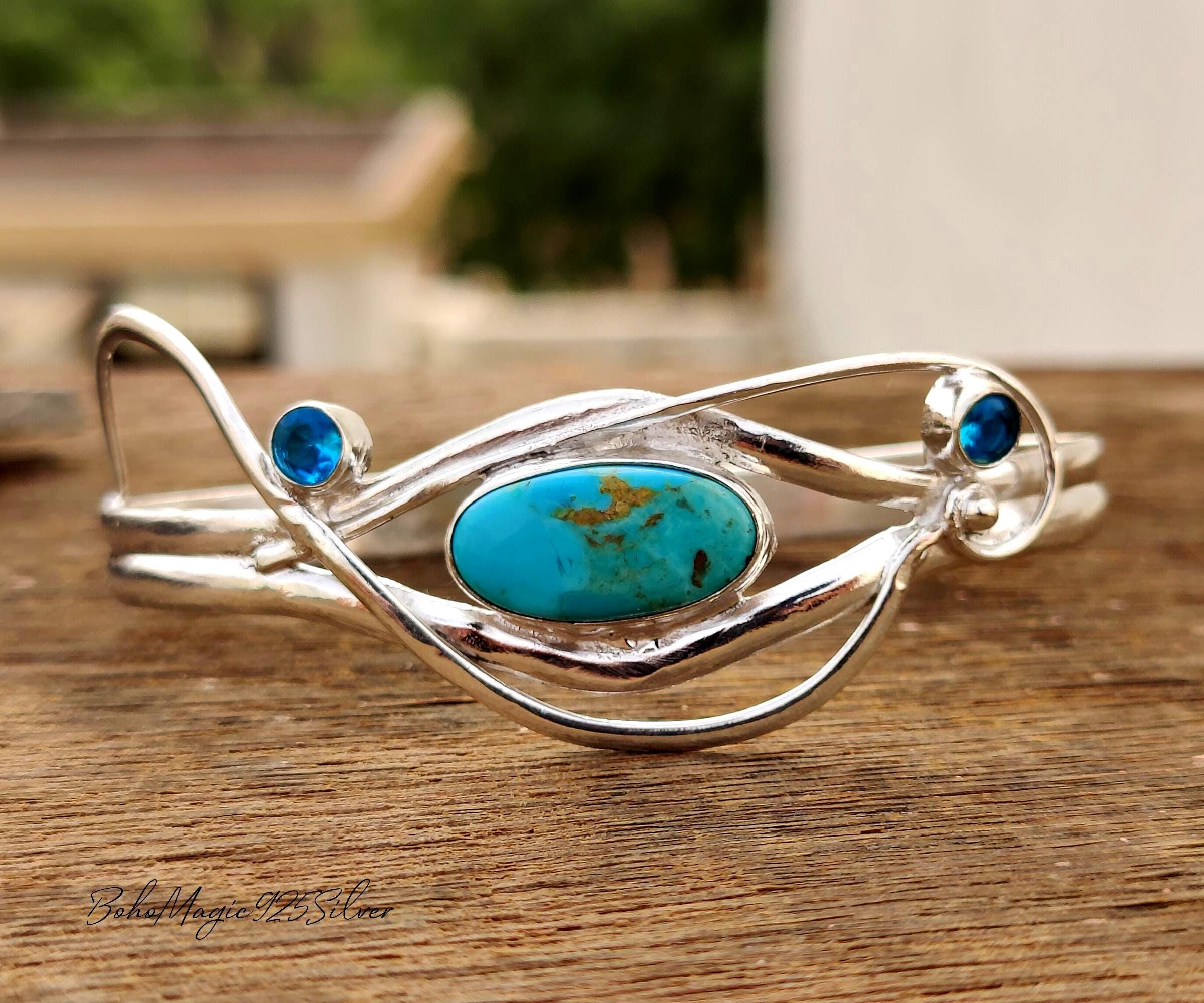 Kingman Turquoise & Blue Topaz Bangle: Handmade 925 Sterling