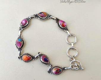 Pink Oyster Turquoise Bracelet: Sterling Silver Pear Shape Jewelry
