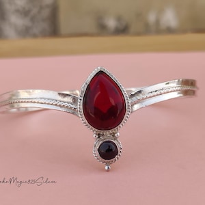 Natural Red Garnet Bangle / Silver Gemstone Bracelet / Handmade Silver Bangle / Wedding Gift Item/ Red Garnet Jewelry Adjustable Cuff Bangle