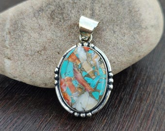 Oyster Copper Turquoise Pendant, Handmade Sterling Silver Jewelry, Southwestern Style Oval Stone Necklace, Delicate Beaded Edge Charm