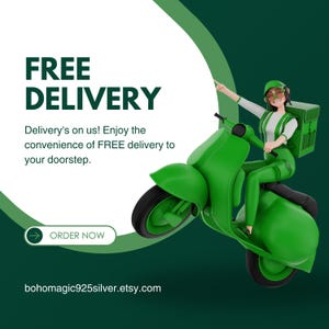 May include: A green scooter with a delivery person, text that reads "FREE DELIVERY", and the words "Delivery's on us! Enjoy the convenience of FREE delivery to your doorstep."