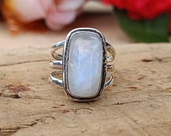 Anillo de piedra lunar azul fuego hecho a mano: Anillo de plata de ley 925