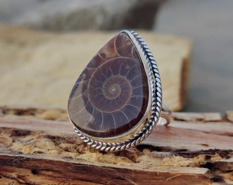 Handmade Ammonite Fossil Ring: 925 Sterling Silver Boho Jewelry