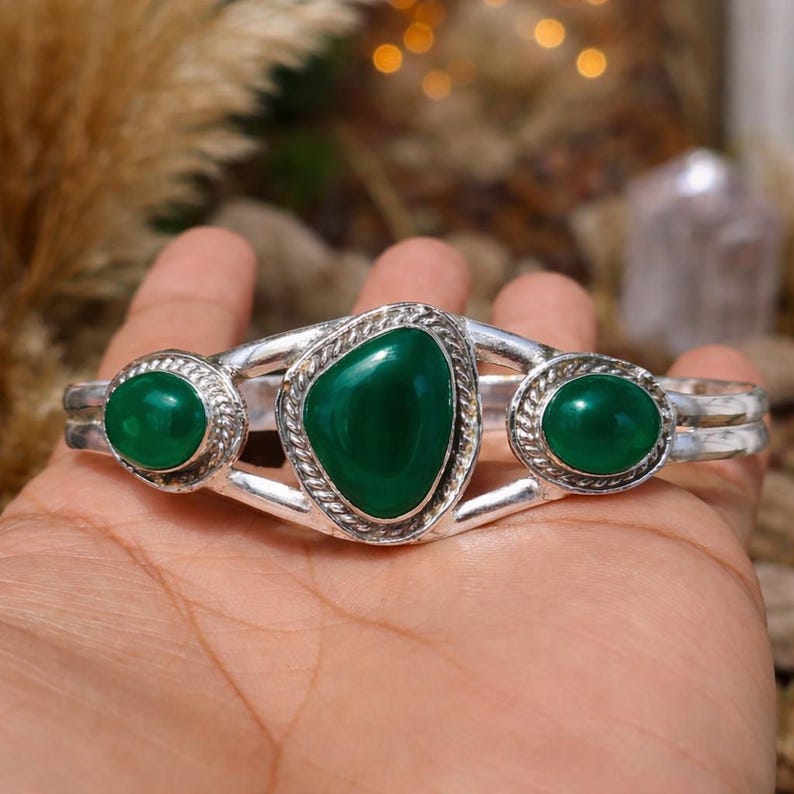 Handmade Kingman Turquoise Bangle: 925 Sterling Silver Boho Statement Jewelry Green Onyx
