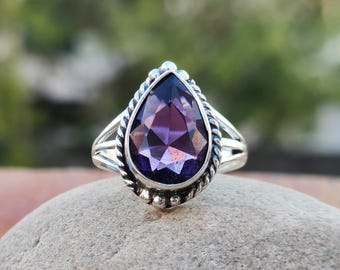 Genuine Pear Amethyst 925 Sterling Silver Ring For Women - Handmade Adjustable Size 4 To 12, Customizable Gift