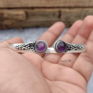 Amethyst Cuff Bangle, Round Shape Gemstone Bangle, Gemstone Adjustable Bangle, 925 Sterling Silver Bangle Bracelet, Birthday Silver Gift