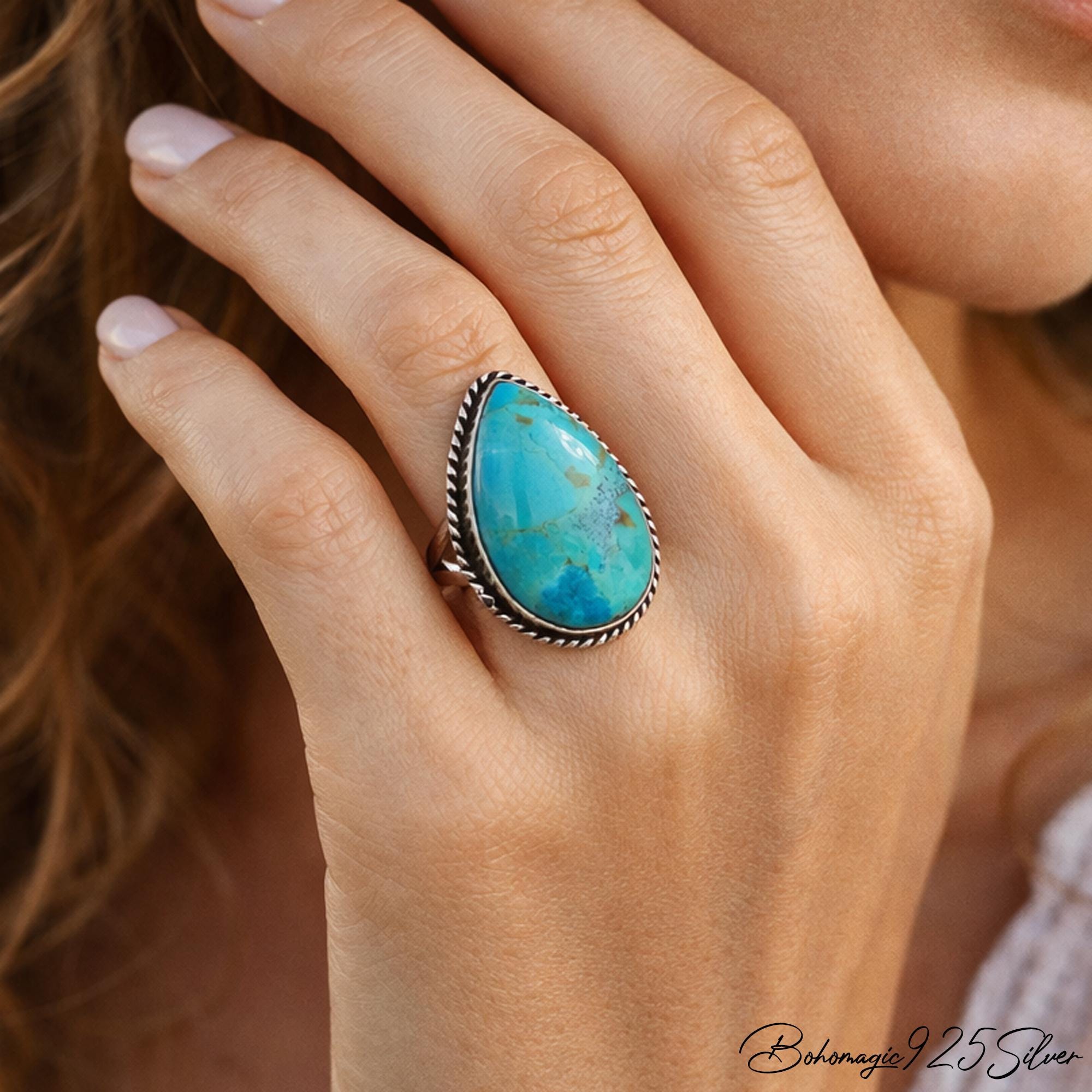 Pear Kingman Turquoise Silver Statement Ring for Women | Special Gift ...