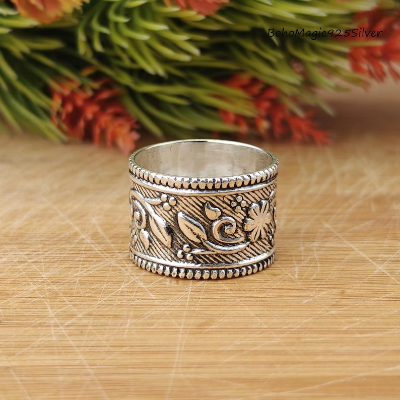 Handmade Floral 925 Sterling Silver Wide Band Ring - Etsy