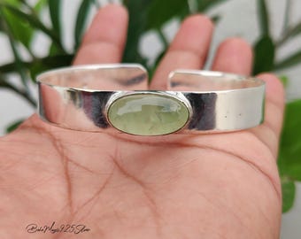 Natural Prehnite Bangle, 925 Sterling Silver Wide Band Cuff, Minimalist Gemstone Bracelet, Open Cuff  Birthday Gift Jewelry