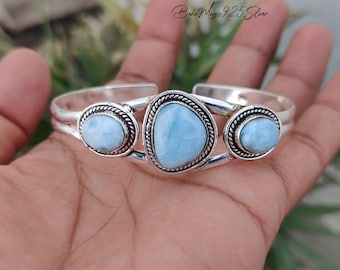Natural Larimar Cuff Bangle, Blue Caribbean Gemstone Bracelet, Handmade Sterling Silver Jewelry, Gift For Birthday