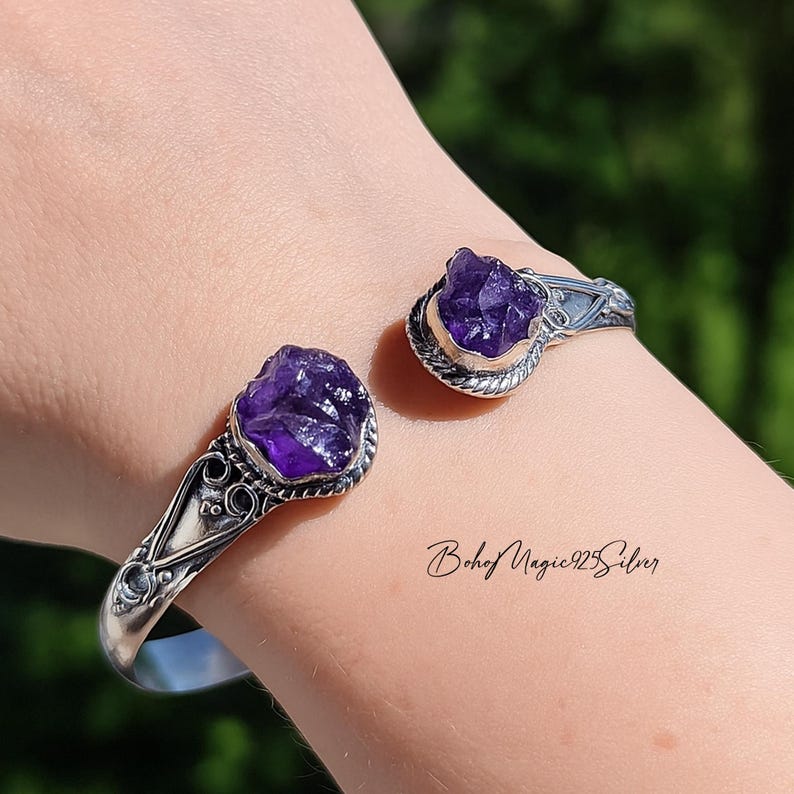 Pulsera de aguamarina cruda en plata de ley 925 - Pulsera de piedras preciosas hecha a mano Amatista
