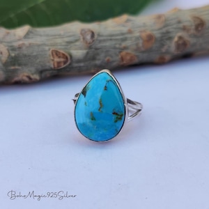 Amazing Kingman Turquoise Ring, Mother&#39;s day Gift, Sterling Silver Gemstone Ring, Pear Stone Boho Ring, Mohave Turquoise Ring, Gift For Her