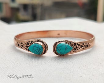 Handmade Turquoise & Copper Bangle: Adjustable Cuff Bracelet