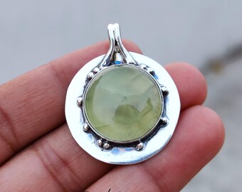 Handmade Prehnite 925 Sterling Silver Pendant: Boho Gemstone Jewelry