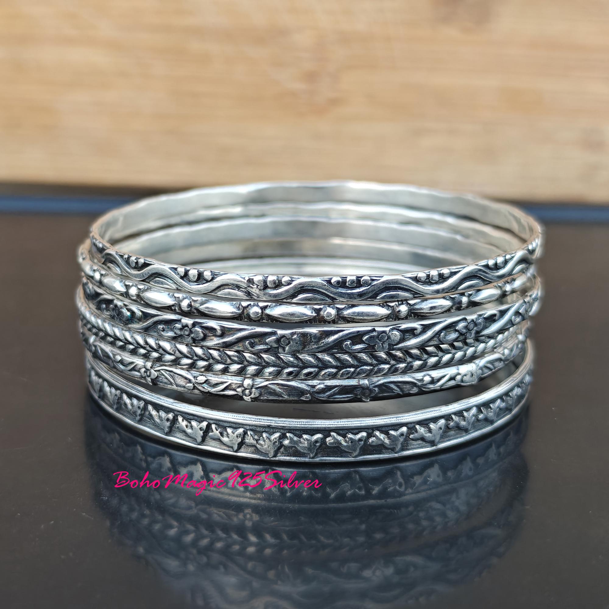 Handmade Sterling Silver Bangle Set: Etched Boho Stacking