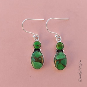 Green Turquoise Dangle Earrings: Sterling Silver Copper Gemstone Jewelry