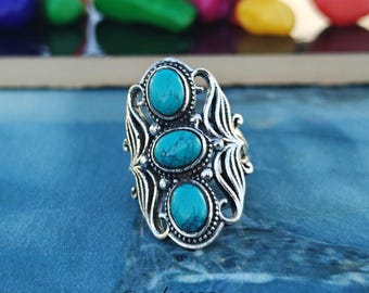 Handgemachter Türkis Sterling Silber Ring: Multi Stein Statement Schmuck