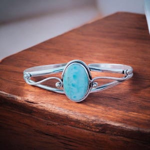 Oval Larimar Gemstone Bangle ~ Handcraft Bangle ~ Adjustable Cuff Bangle ~ 925 Sterling Silver Bangle Bracelet ~ Larimar Bangle Gift Jewelry
