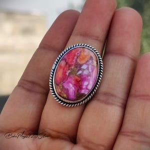 Pink Copper Turquoise Ring - 925 Sterling Silver Ring - Statement Ring - Oval Shape spiny Ring - Handmade Jewelry - Perfect Gift For Mom