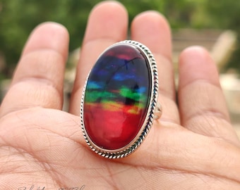 Handmade Ammolite Gemstone Ring: Sterling Silver Boho Band