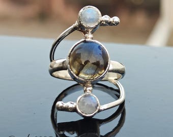 Handmade Labradorite & Moonstone Sterling Silver Statement Ring