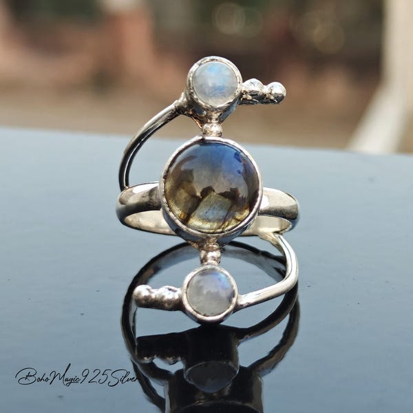 Handmade Labradorite & Moonstone Sterling Silver Statement Ring