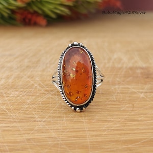 Sterling Silver Ring | Amber Ring Jewelry | Natural Baltic Cognac Amber Ring | Best Gift For Her | Statement Jewelry | Bohemian Dainty Ring